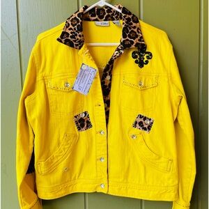 Up cycled handmade, one of a kind, jean jacket, yellow, patchwork, leopard bling